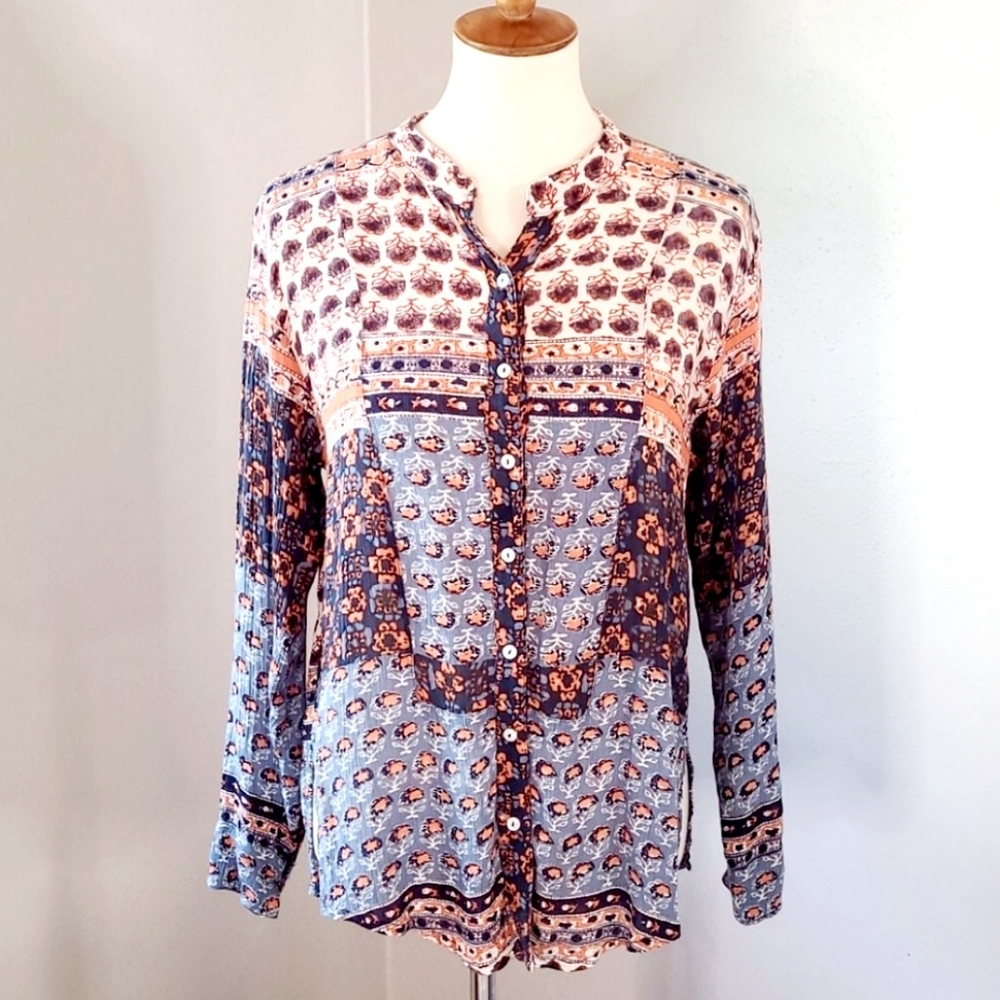 FREE PEOPLE Indian Inspired Print Button Front Top